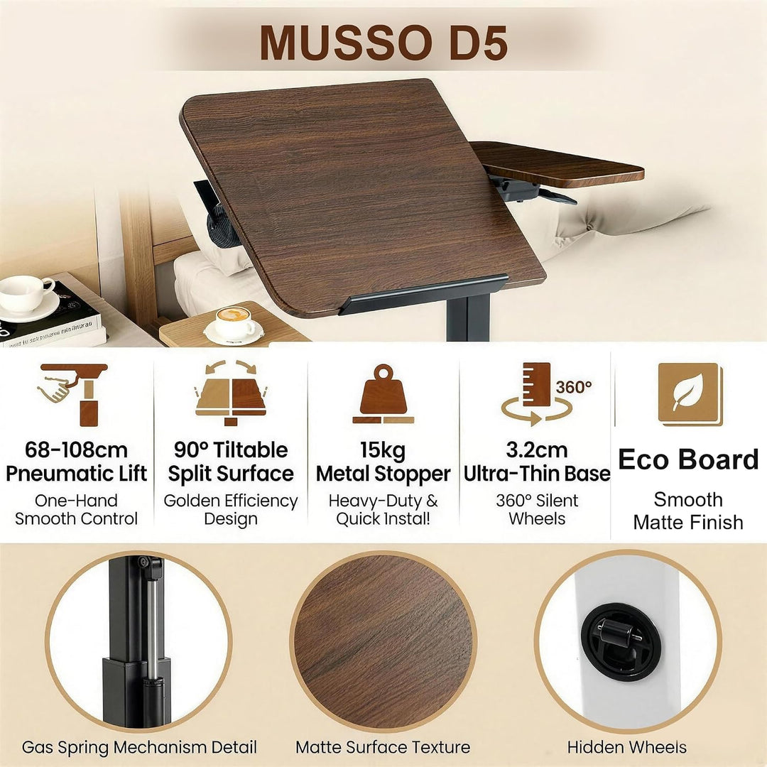 MUSSO AnyDesk-D5 Mobiler Steh-Sitz-Schreibtisch, höhenverstellbar 68-108cm, Laptoptisch mit Gasdruck