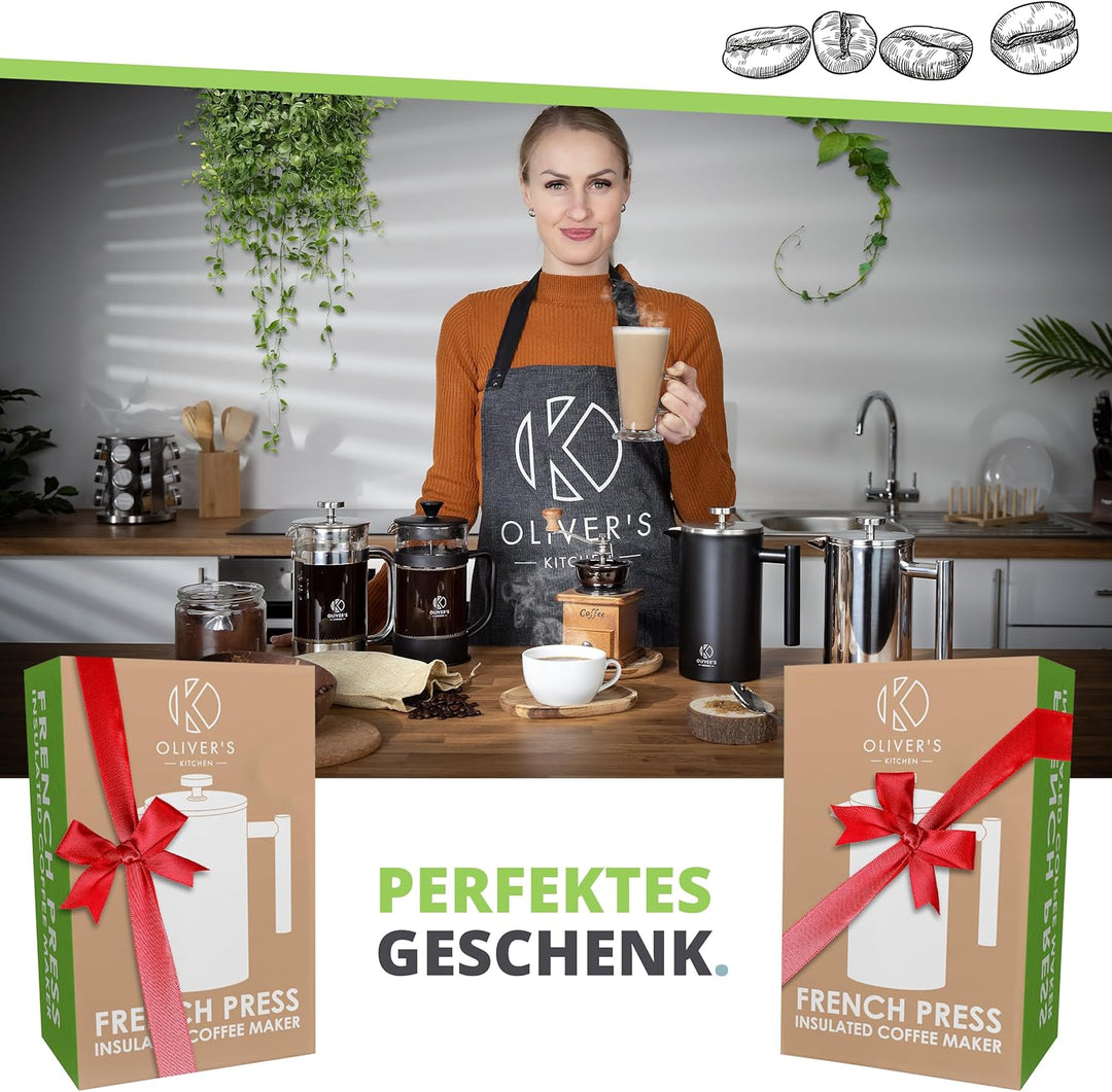 Oliver's Kitchen® French Press 1 liter - Eleganter Kaffeebereiter aus Glas - Kaffee Maschine für aut