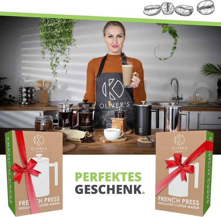 Oliver's Kitchen® French Press 1 liter - Eleganter Kaffeebereiter aus Glas - Kaffee Maschine für aut