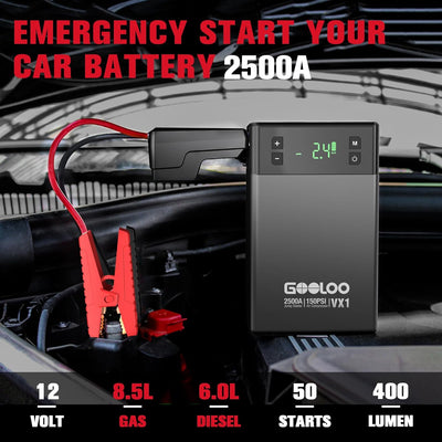 GOOLOO VX1 2500A Starthilfe Powerbank mit Kompressor, Supersafe 12V Auto Starthilfe mit 150 PSI digi