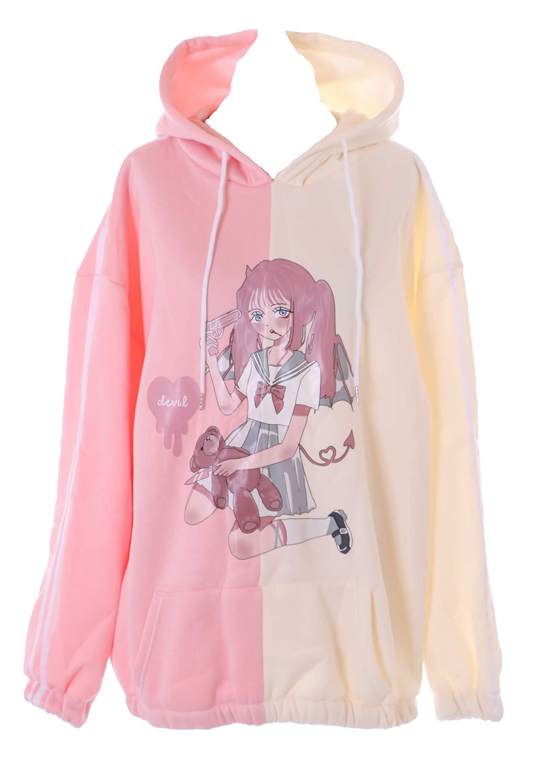 Kawaii-Story TS-313-3 Rosa beige Patch Manga Zeichnung Grafik Hoodie Sweatshirt Pullover Pastel Goth