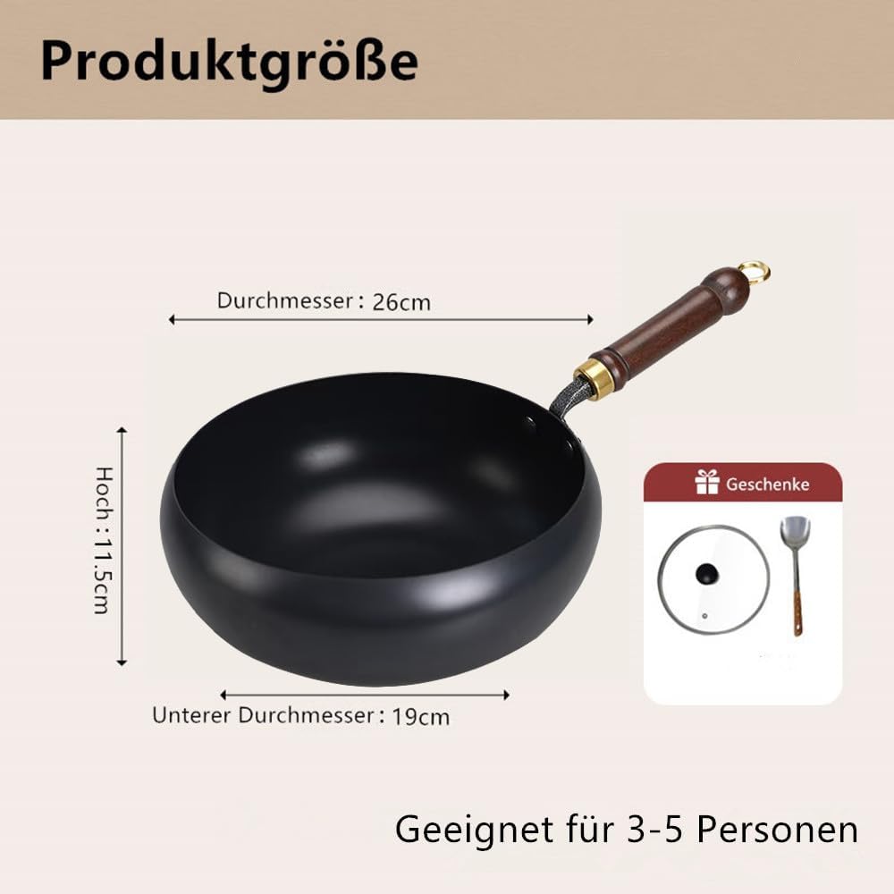 Unbeschichtete Eisenpanne,Eisen Wok, 26cm Hand-Schmiede Antikleber | Eisen Pfanne ohne Beschichtung,