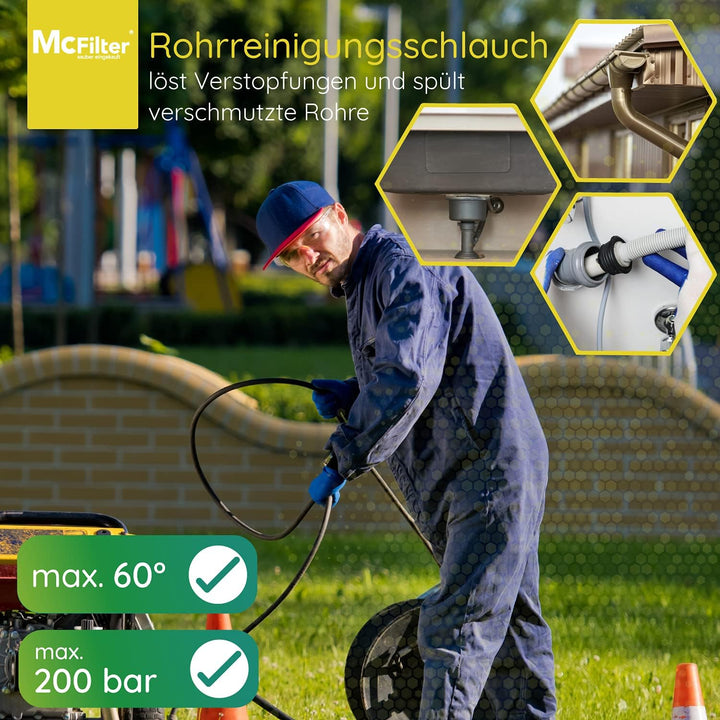 McFilter | Rohrreinigungsschlauch, 30m, 200 bar, 60 °C inkl. Düsen starr + rotierend für Hochdruckre