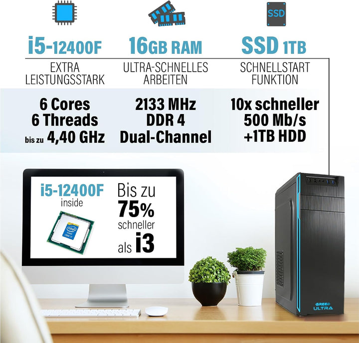 GREED® Ultra PC mit Intel Core i7 4790 - Schneller Rechner + Computer für Büro & Home Office mit 4,0