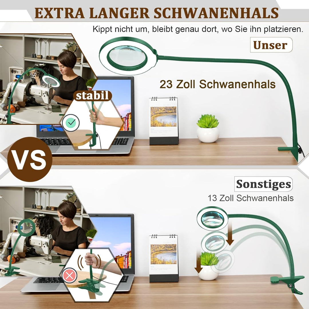 Veemagni 12X Lupe mit Licht und Klemme, Echtes Glas Lupenlampe, 5 Farbmodi Stufenlos Dimmbare, 23 Zo