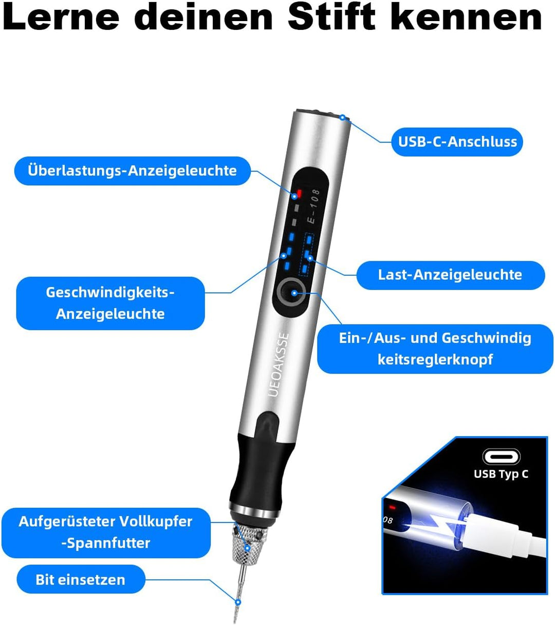 Gravierstift mit 50+ Zubehörteilen,kabelloser Gravurstift für alle Materialien,3-stufig regelbare,US