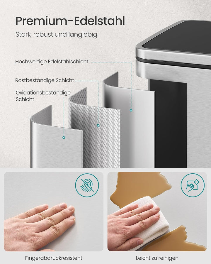 SONGMICS Mülleimer 50 L, 15 Müllsäcke, Edelstahl, herausnehmbarer Inneneimer aus Kunststoff, mit Dec