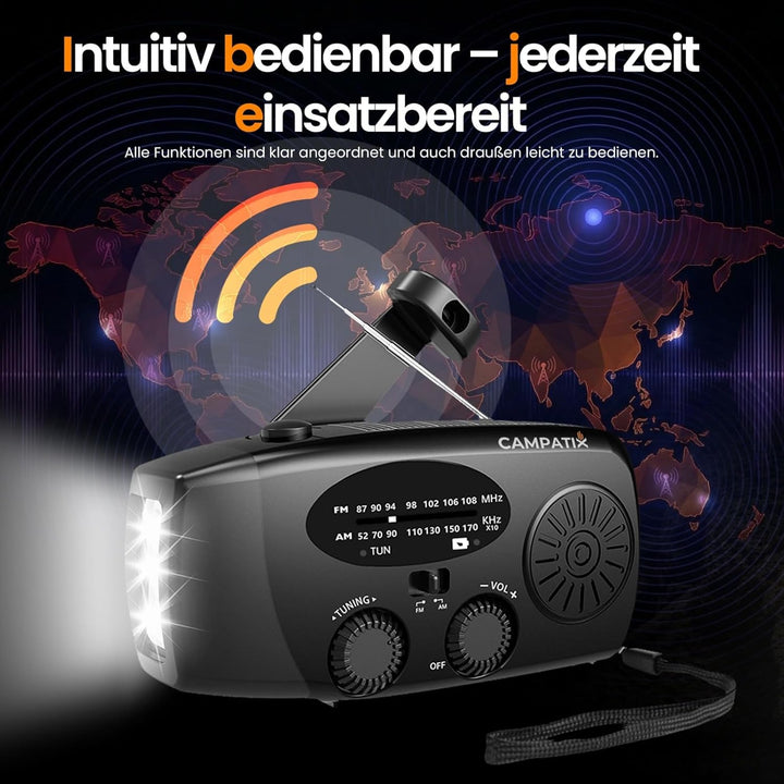 CAMPATIX Notfallradio mit 2000 mAh Solar-Powerbank, AM/FM Radio, USB-Ladung, LED, Taschenlampe, Hand