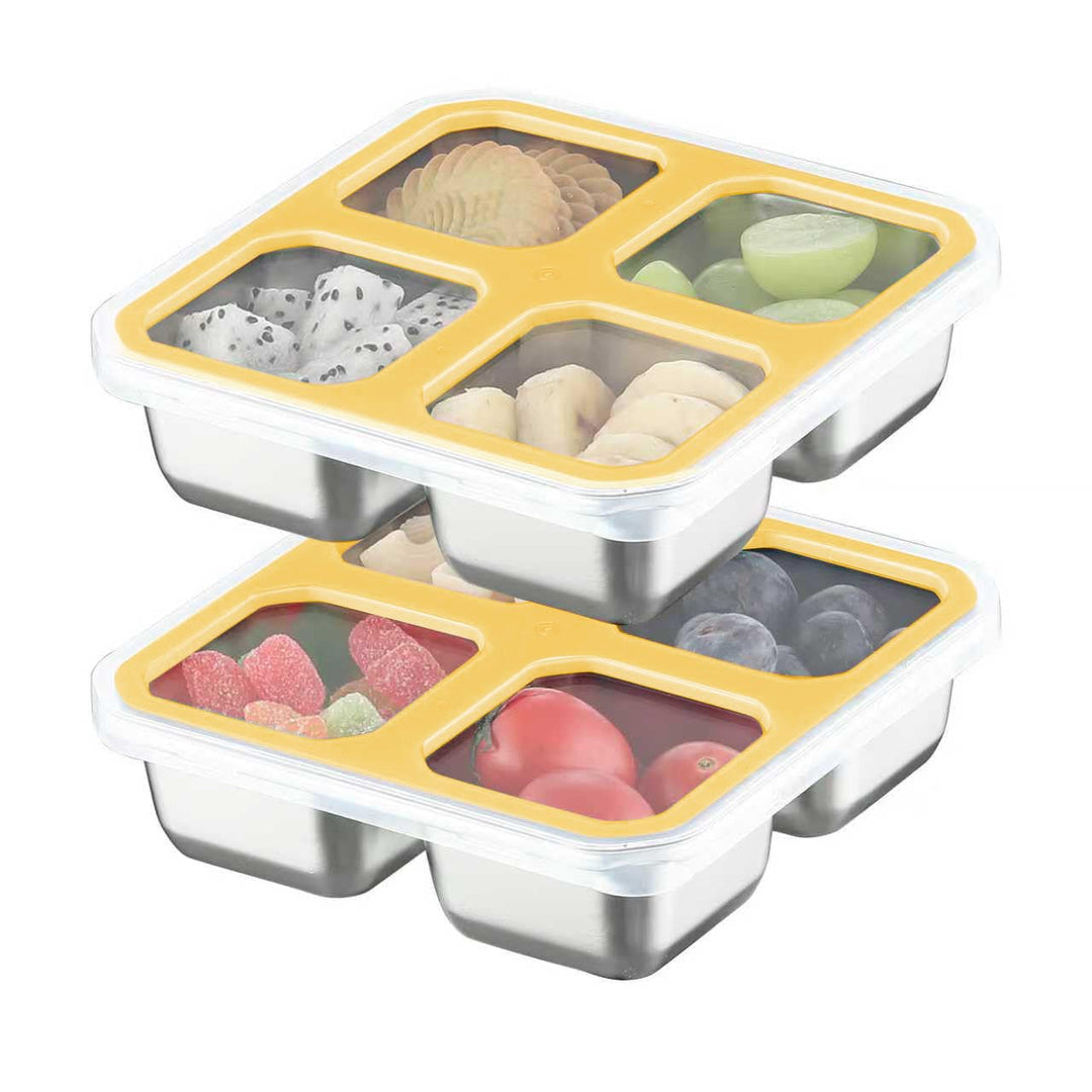 Misichao Snack Behälter 2 Stück, Snackbox Kinder mit 4 Fächern 400ml Gelb X 2, Gelb X 2