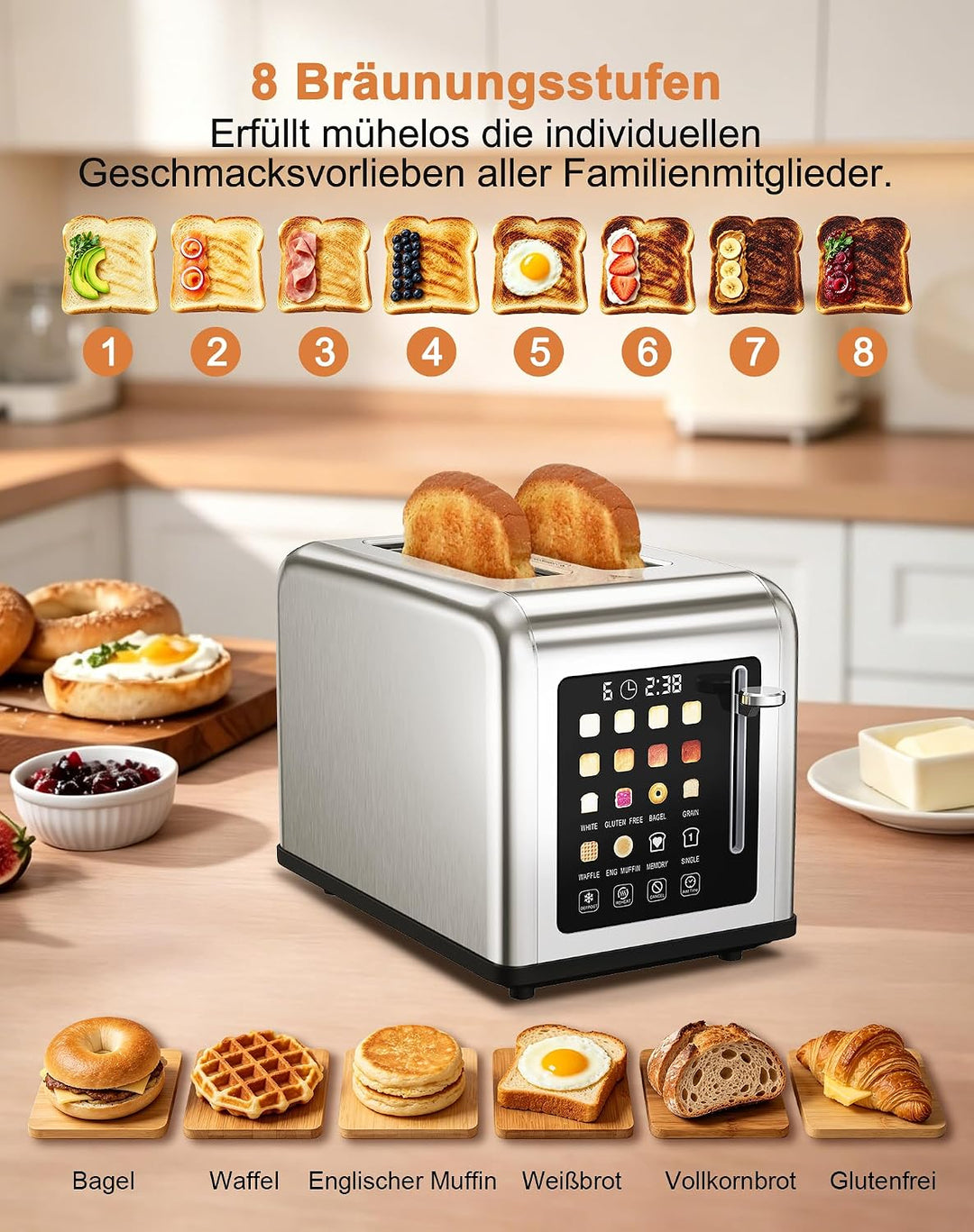 Toaster 2 Scheiben, Edelstahl Langschlitztoaster mit Smart Touchscreen & LED-Countdown, 8 Bräunungss
