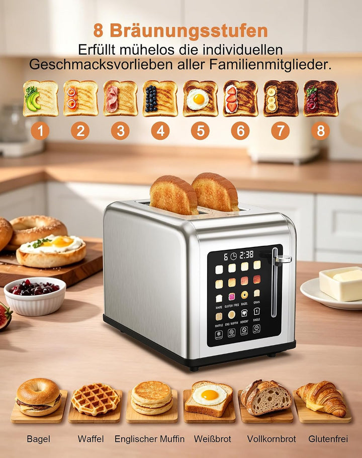 Toaster 2 Scheiben, Edelstahl Langschlitztoaster mit Smart Touchscreen & LED-Countdown, 8 Bräunungss