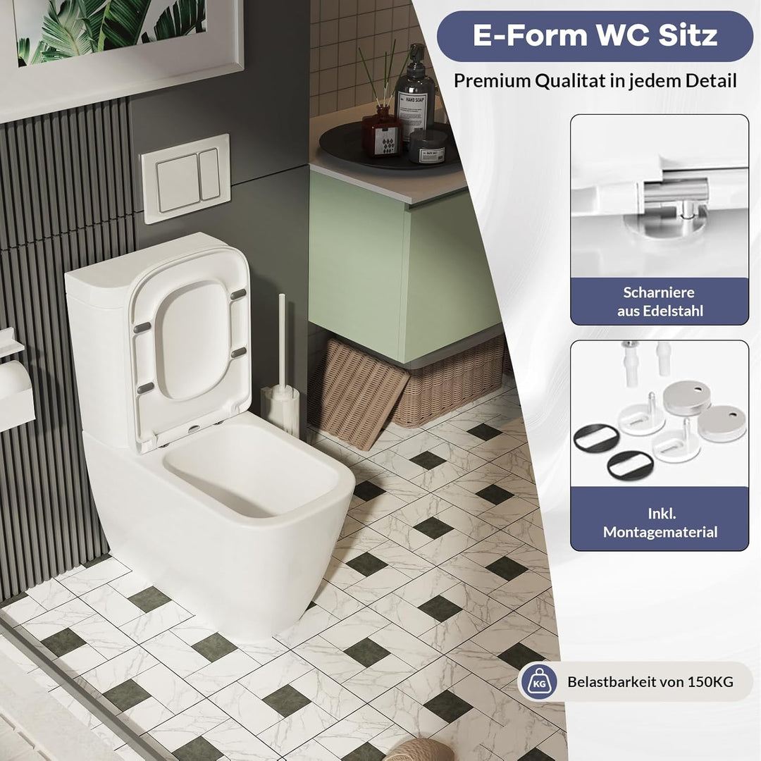 Toilettendeckel mit Absenkautomatik E-Form Weiss, Antibakterieller &amp; UV-beständig WC Sitz, Abnehmbar