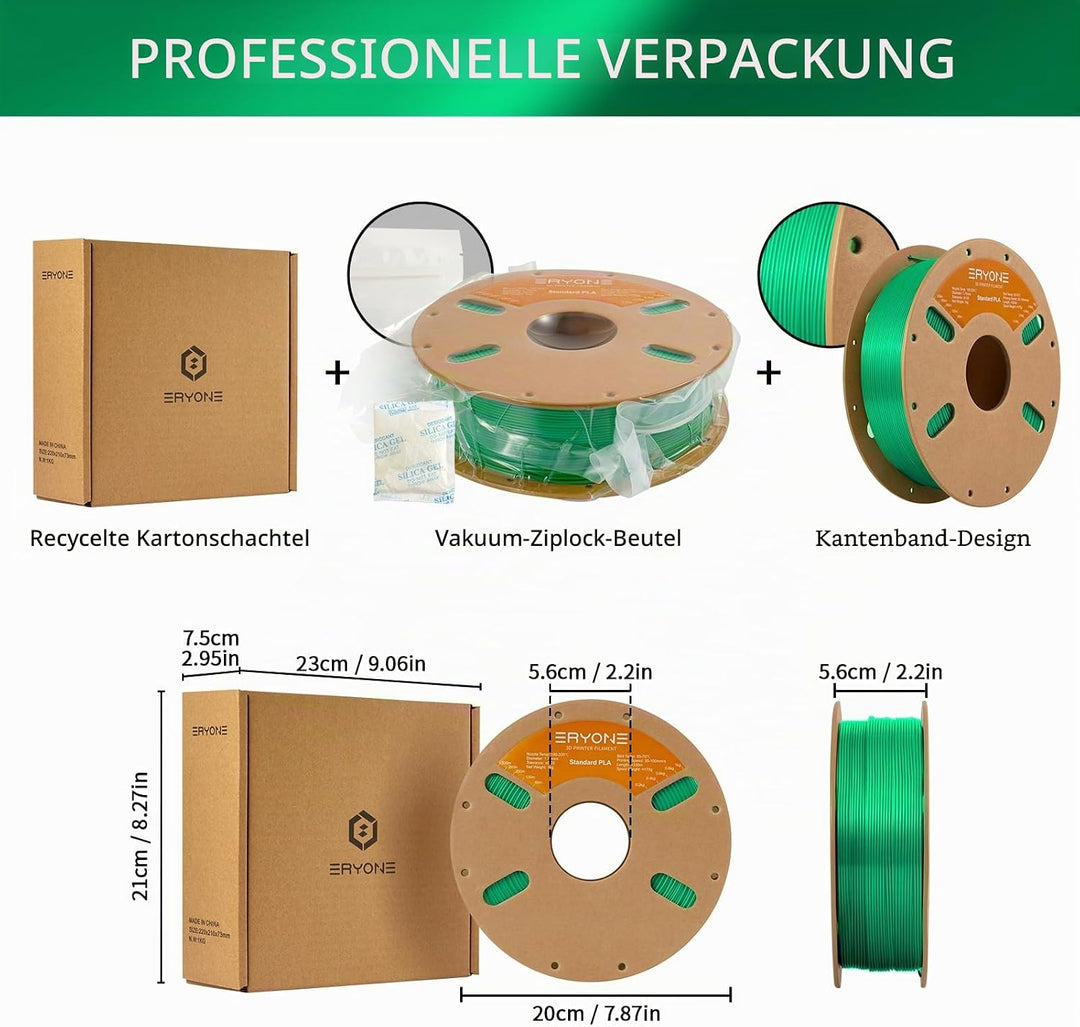 ERYONE PLA Filament 1.75 mm, 3D Drucker Filament PLA, Massgenauigkeit +/- 0,03 mm 1 kg/Spule, Grün A