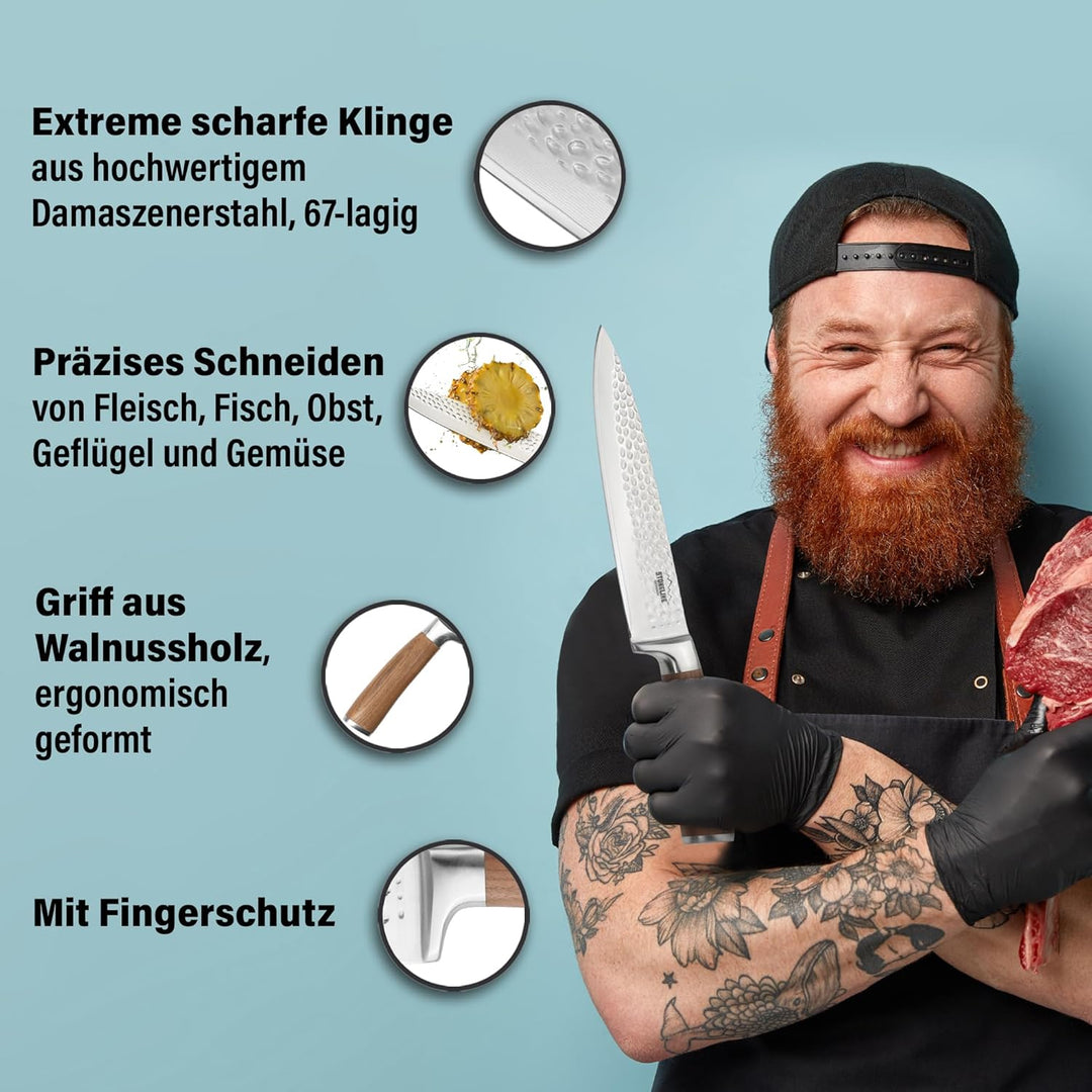 STONELINE Hammerschlag Damastmesser Kochmesser extrem scharfe 20 cm Klinge aus 67 Lagen, Damast Prof