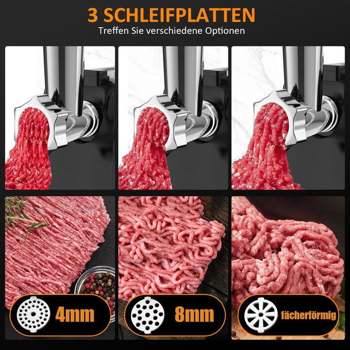 STANEW Fleischwolf, 4-in-1 Elektrischer Fleischwolf, 3500W mit 3 Edelstahl-Schleifplatten (4/8 mm, f