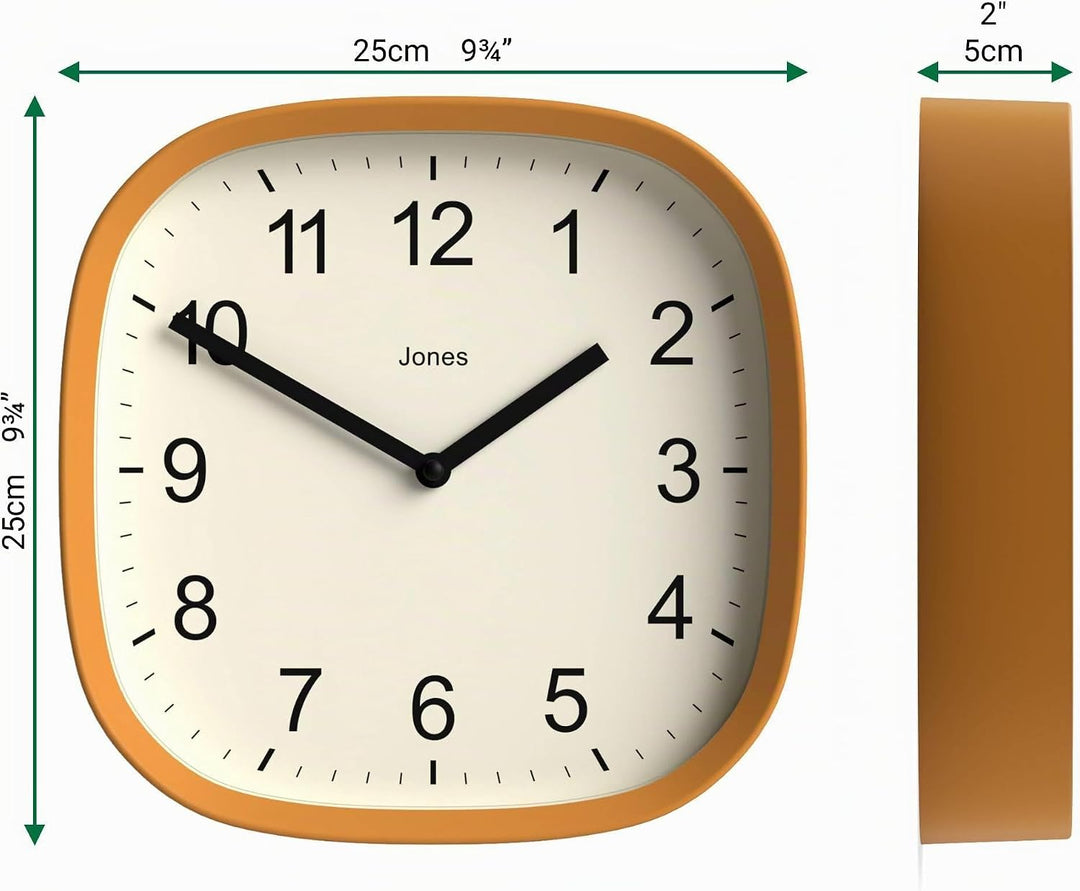JONES CLOCKS® Sprite wanduhr | Moderne Retro abgerundete quadratische Uhr | 25cm | Senfgelb | Leicht