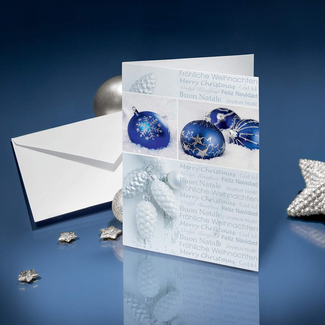 SIGEL DS057 Weihnachtskarten-Set mit Umschlag | A6 | 25 Stück | blau/weiss "Seasons Greetings" | ide