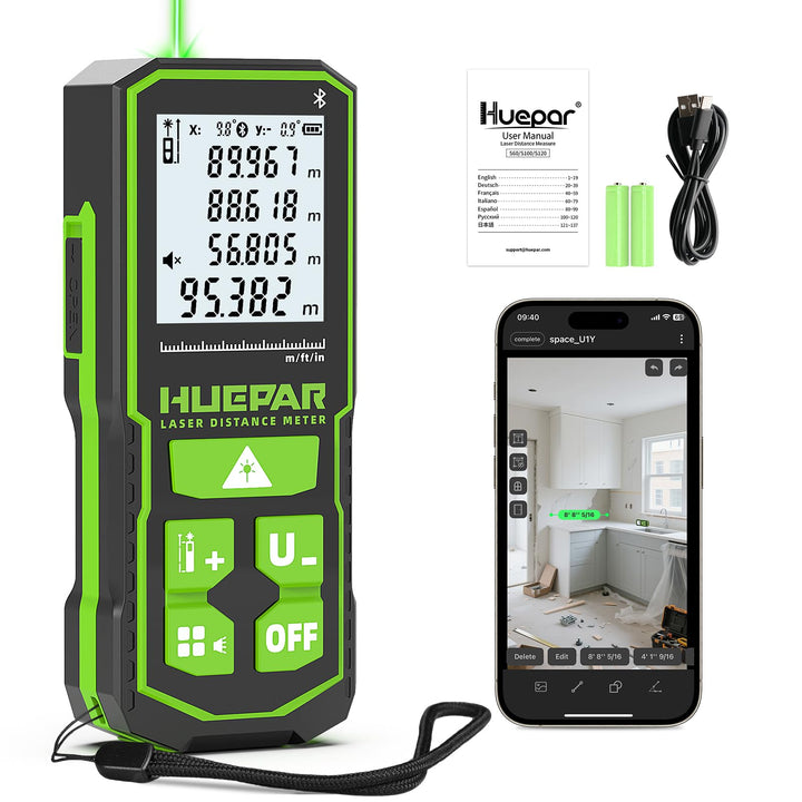 Huepar 100 m grüner Laser-Entfernungsmesser mit App-Steuerung, wiederaufladbarem Bluetooth-Entfernun