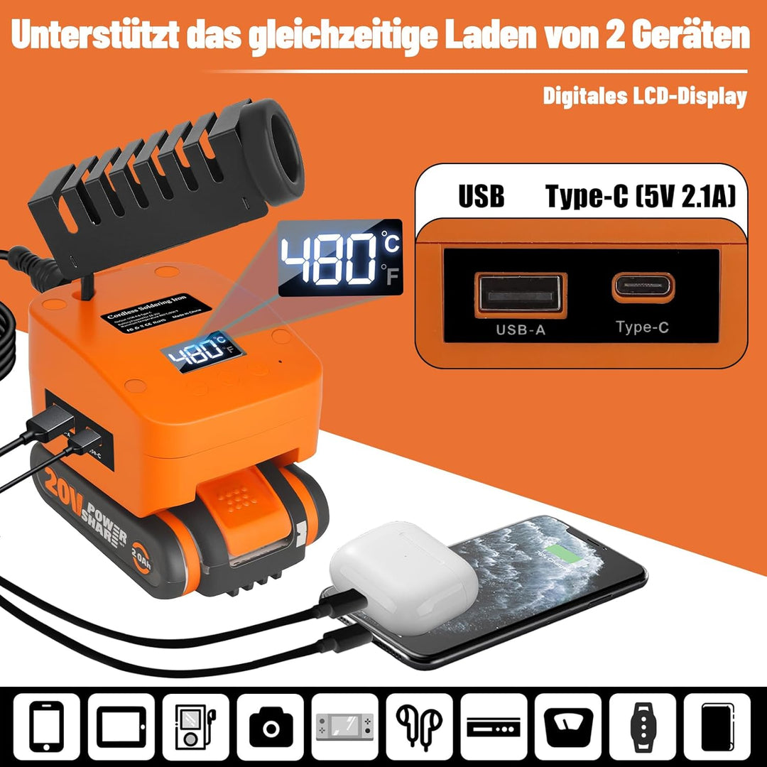 Kabelloser Lötkolben Set kompatibel mit Worx 20V Akku, Tragbarer Lötkolben mit USB und Typ-C, Einste