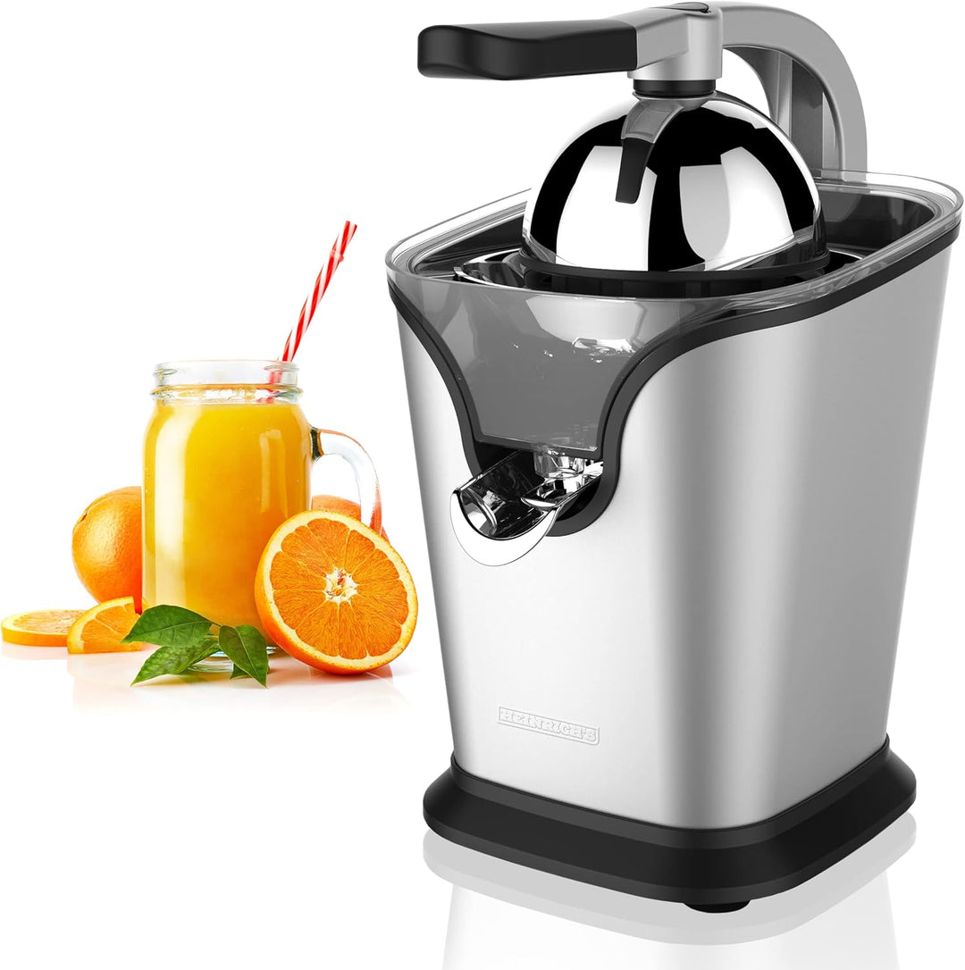 HEINRICHS elektrische Edelstahl Zitruspresse Juicer inkl. Fliessstopfunktion professioneller Hebelar