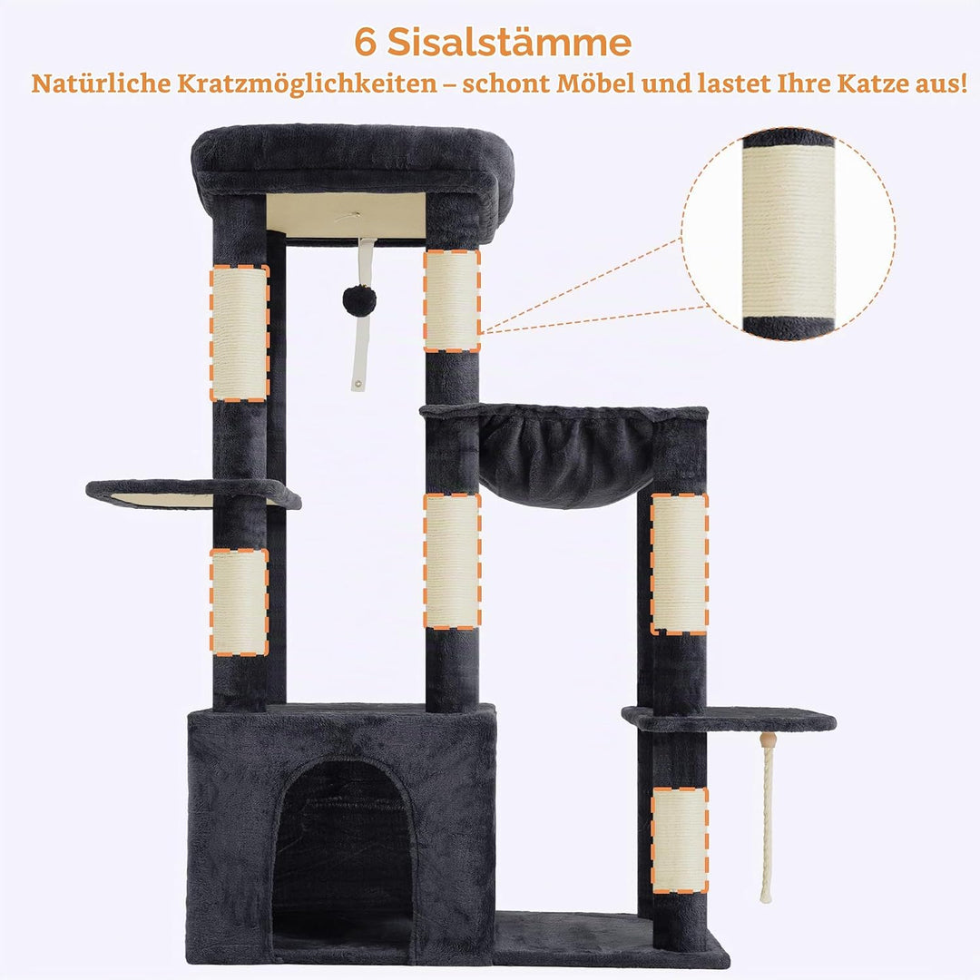 Heybly Kratzbaum 120cm - Grosser Katzenbaum für Erwachsene Katzen mit XL-Basis, Katzenwohnung mit Me