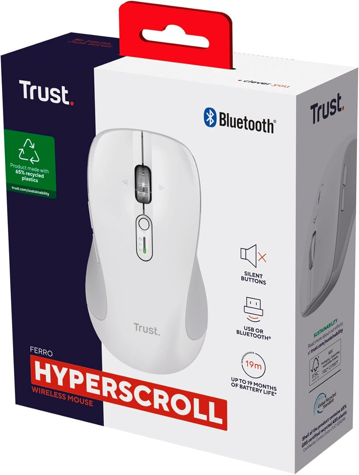 Trust Ferro Kabellose Maus Ultraschnelles Scrollrad und Horizontales Scrollen, Bluetooth + 2.4GHz, L