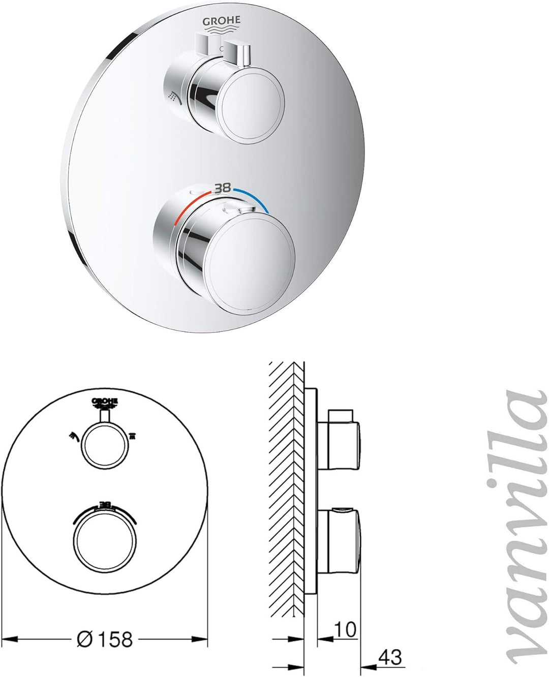 vanvilla Duschsystem mit Unterputz Duscharmatur von Grohe Grohtherm 2-Wege Thermostat und vanvilla R
