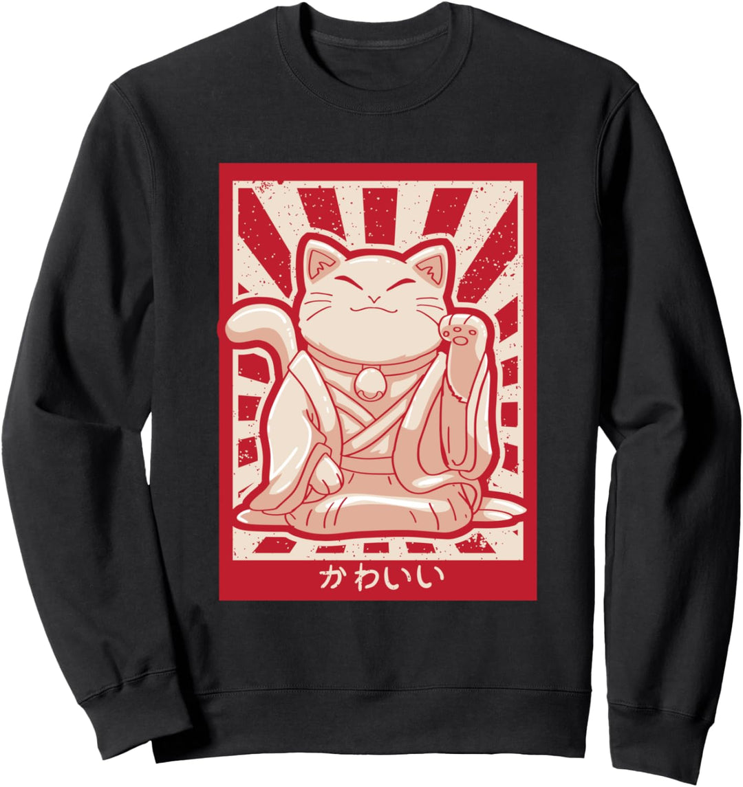 Winke Katze Anime Lustig Schriftzeichen Chinesisch Mönch Sweatshirt
