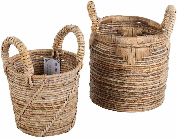 Flechtkorb ALYA 2er Set Klein rund aus Bananenblatt geflochten | Allzweckkorb Boho Chic Wäschekorb O