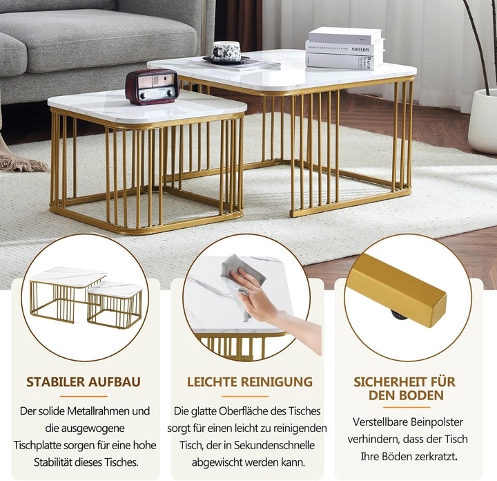 Merax Quadratisch Couchtisch 2er Set, Moderne Wohnzimmertisch mit Marmor Furnier, Hochglanz Satztisc