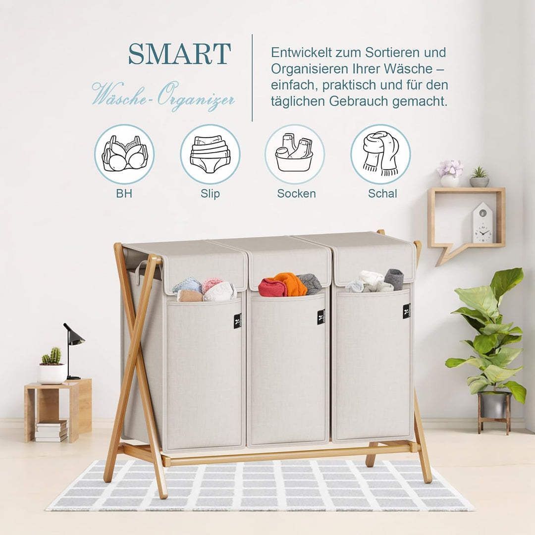 AdelDream Wäschekorb 3 Fächer 150L Bambus Wäschesammler Wäsche Sortiersystem X-förmige Wäschebox lau