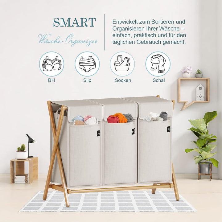 AdelDream Wäschekorb 3 Fächer 150L Bambus Wäschesammler Wäsche Sortiersystem X-förmige Wäschebox lau