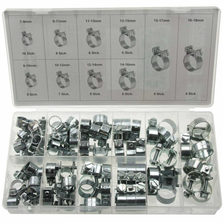 73 x Universal Mini Schlauchklemmen-Sortiment Rundziehende Schlauchschellen/KlemmschelleSatz (im Auf