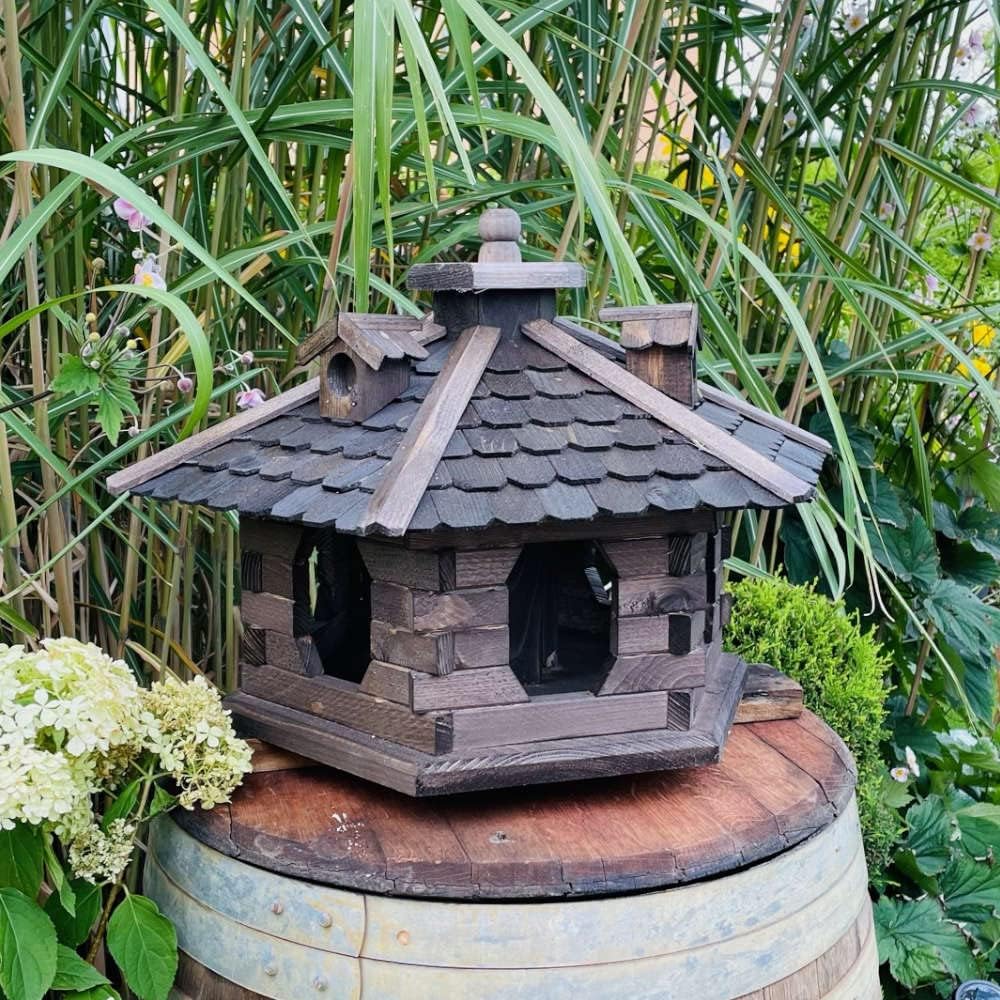 Sechseck Vogelhaus aus Holz L - XL Futterstelle mit und ohne Ständer handgefertigt (XL ohne Ständer,