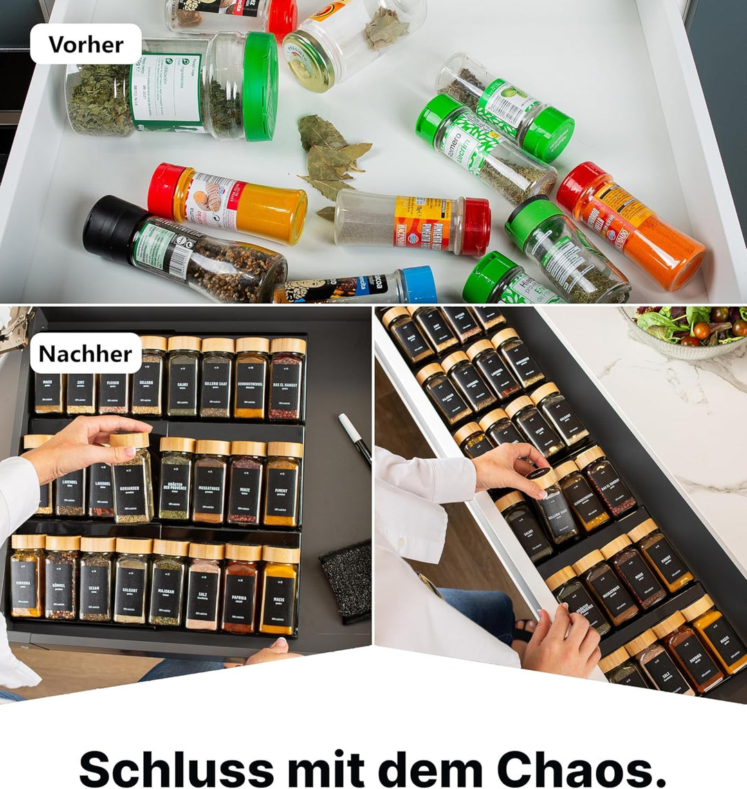 Deco haus® Gewürzregal Schublade [MIT 24 GEWÜRZGLÄSER & ETIKETTEN] - Gewürz Organizer Schublade - Ge
