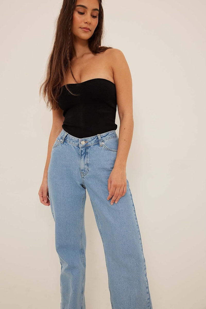 NA-KD Damen Raw Hem Side Slit Denim Jeans 44 Mid Blue, 44 Mid Blue