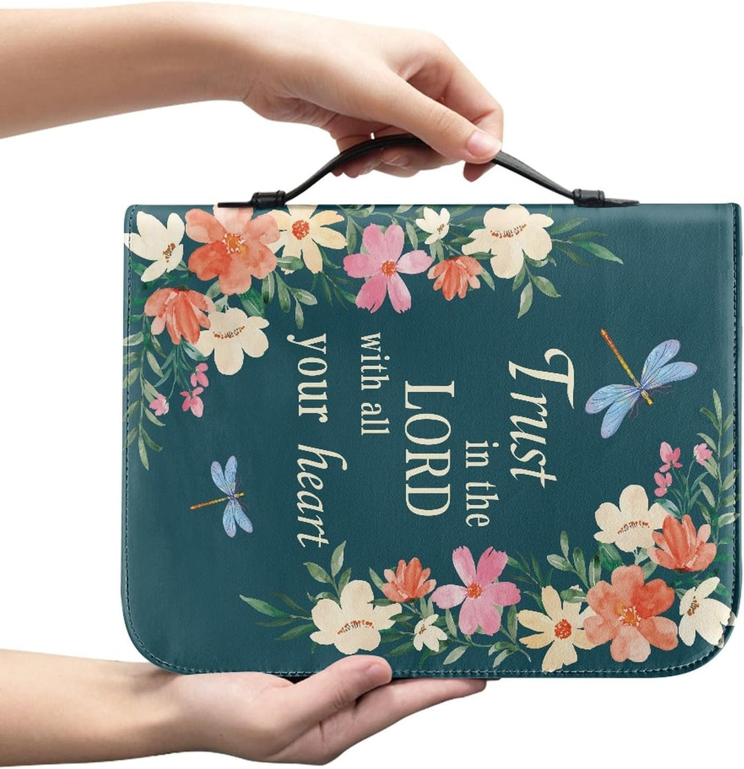 Kuiaobaty Lord Quotes Print Bibelhülle mit Griff, Blumen Libelle Kunstleder Buchhülle mit Reissversc