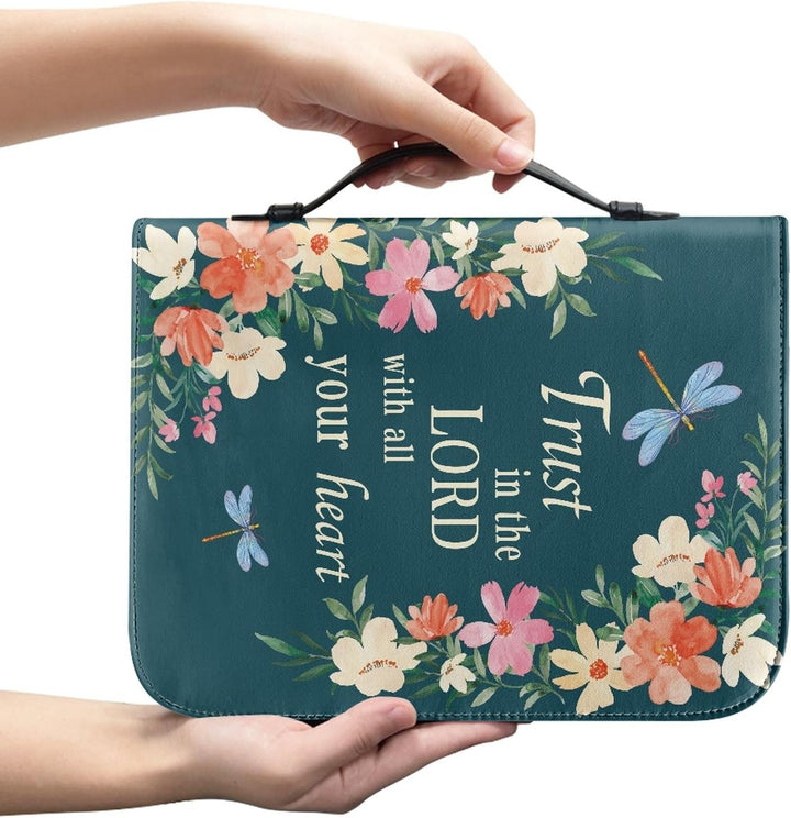 Kuiaobaty Lord Quotes Print Bibelhülle mit Griff, Blumen Libelle Kunstleder Buchhülle mit Reissversc