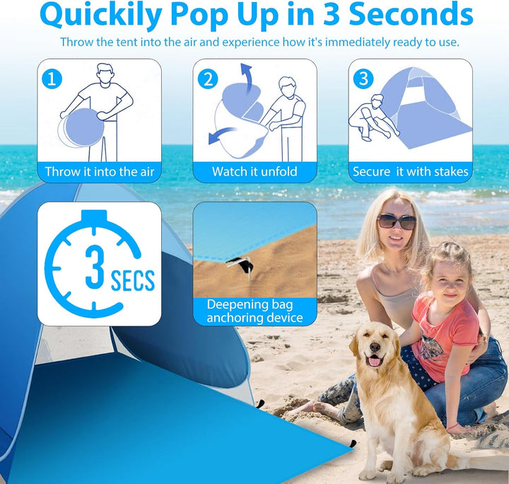 Strandmuschel Pop Up, Tragbares Automatisches Wasserdichtes Schattenzelt, UPF 50+ Strandzelt für 1-3