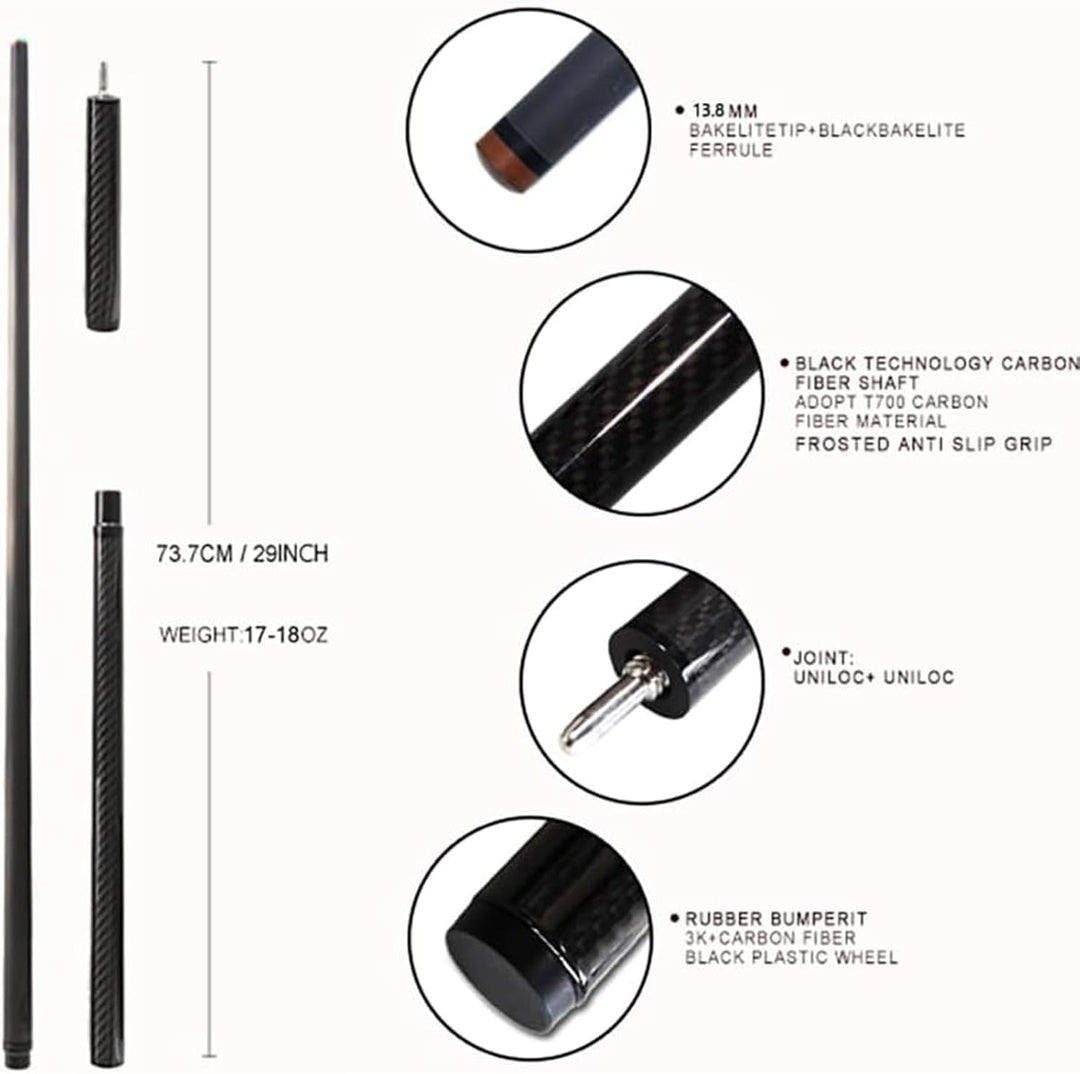 OKHEALING Kohlefaser-Billardqueue – 13,8 mm Kopf, 1/3 langes Springbecken-Queue-Gelenk, 124 cm, hand