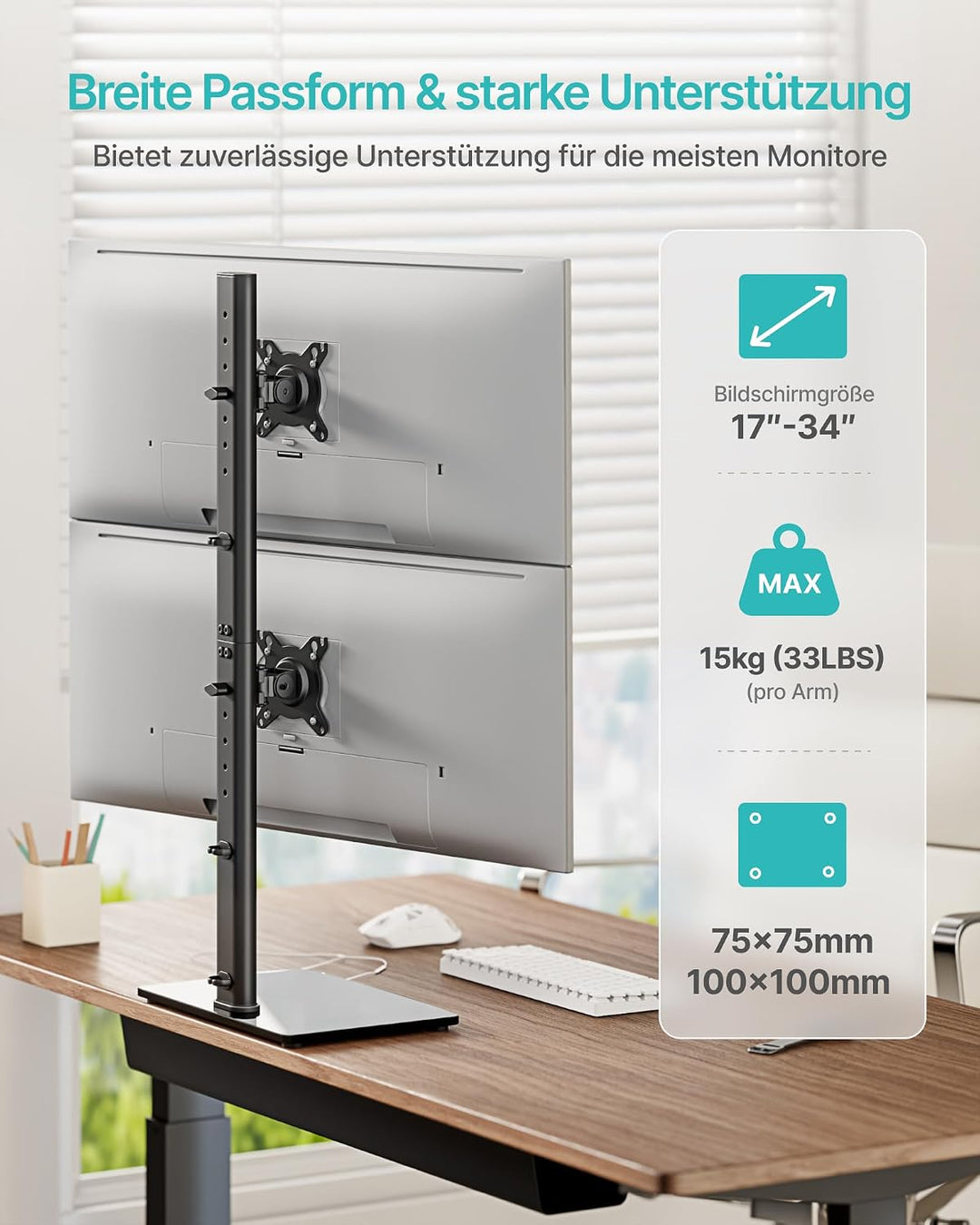 PEGZONE Vertikaler Doppel Monitor Ständer für 17-34 Zoll Bildschirme, Monitorhalterung Übereinander