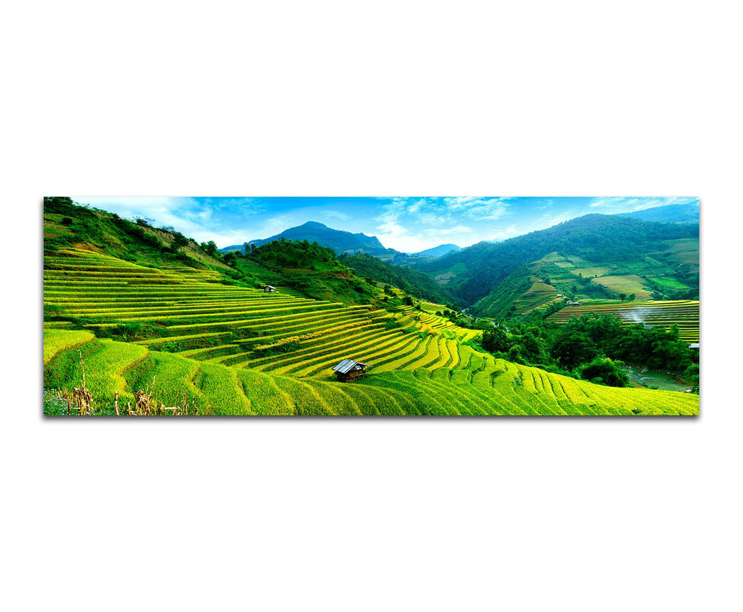Paul Sinus Art Panoramabild auf Leinwand und Keilrahmen 150x50cm Vietnam Reisfelder Terrassen Berge