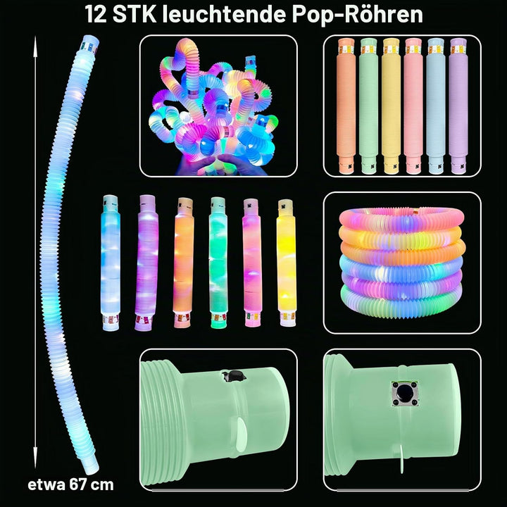 12 Stück Pop Tubes Spielzeug mit LED-Licht, LED Sensory Fidget Spielzeug, LED-Pop-Leuchtstäbe, Gebur