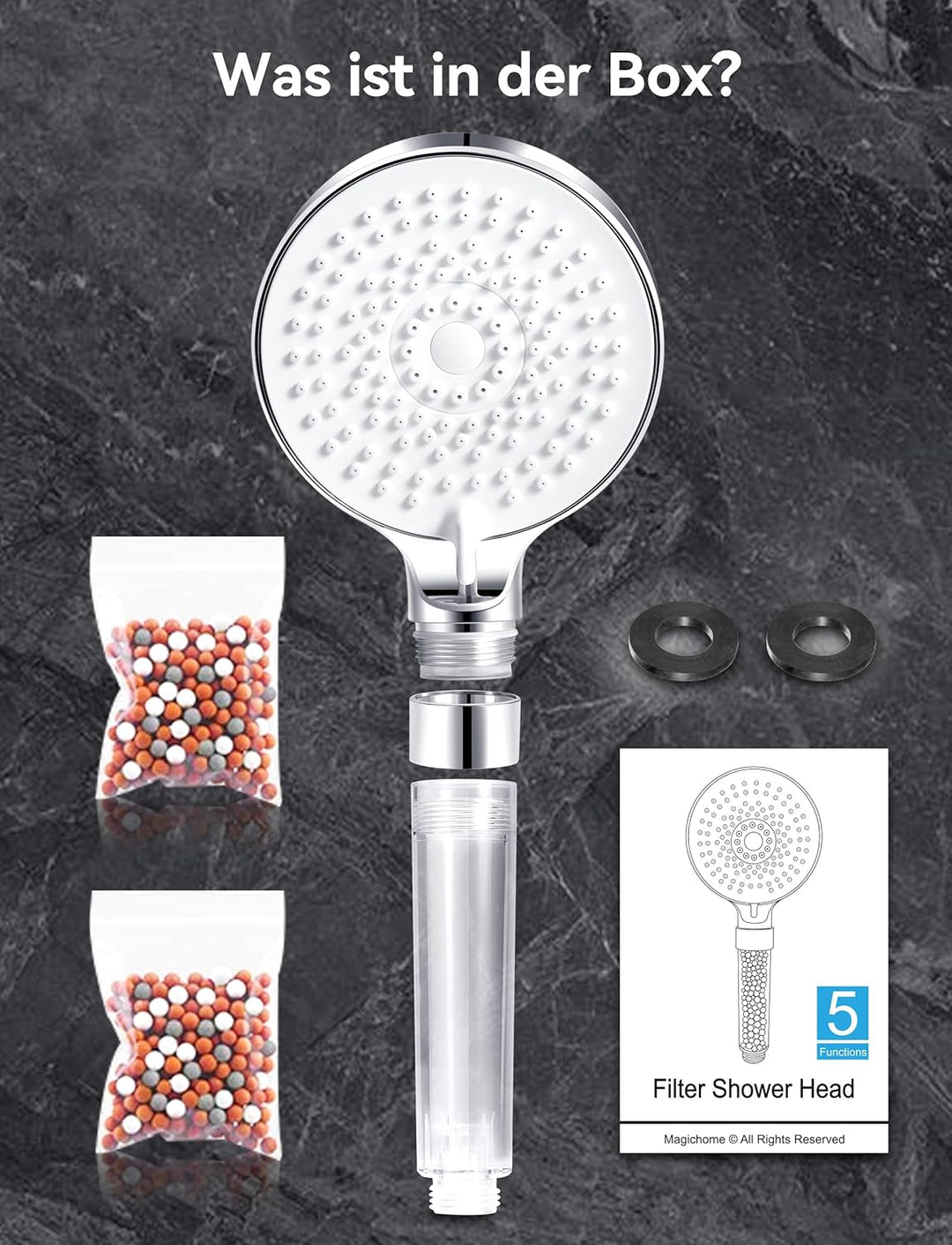Magichome Wassersparender Duschkopf,Handbrause Filter Mineralsteinen und 5 Strahlarten, Druckerhöhen