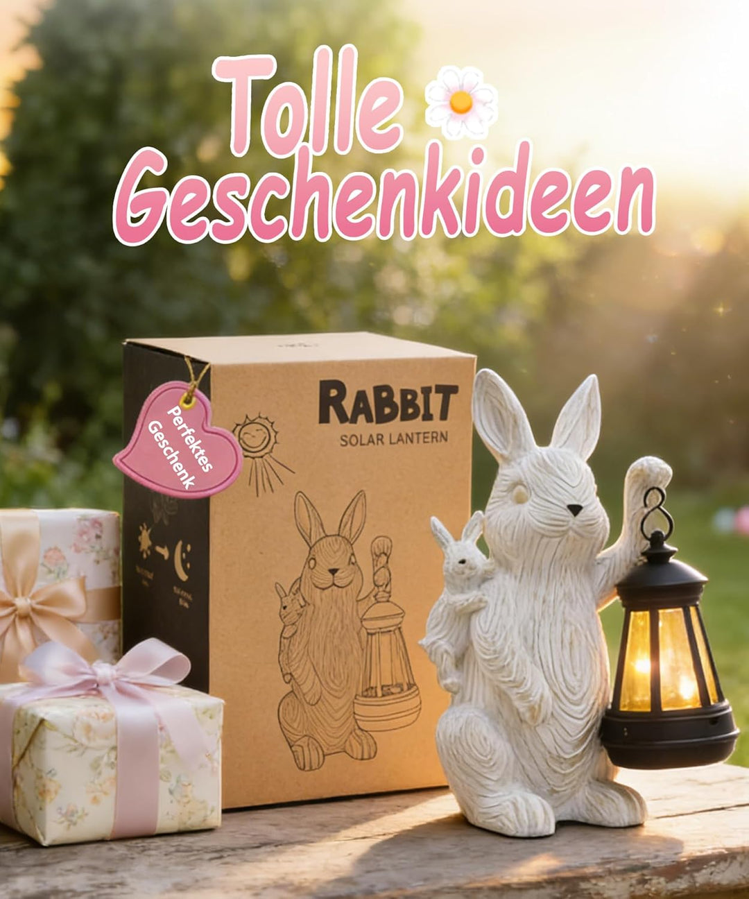 Yeomoo Kaninchen Deko mit Solar Laterne Gartendeko für Draussen - Lustige Hasen Mutter mit Baby Gart
