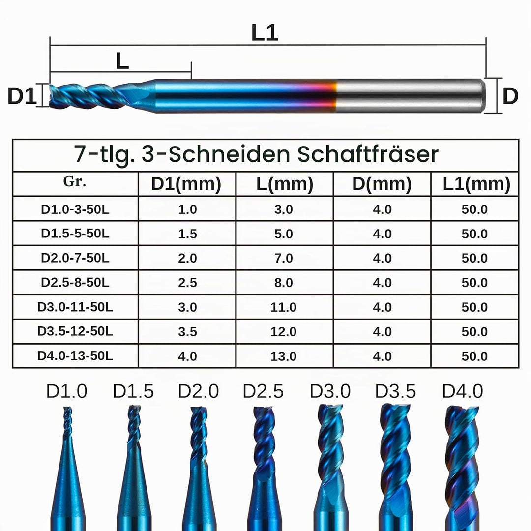 Genmitsu 7 Stücke 3 Flute Schaftfräser für Aluminium, Nano Blue Beschichtung CNC-Fräser-Bits, hohe V