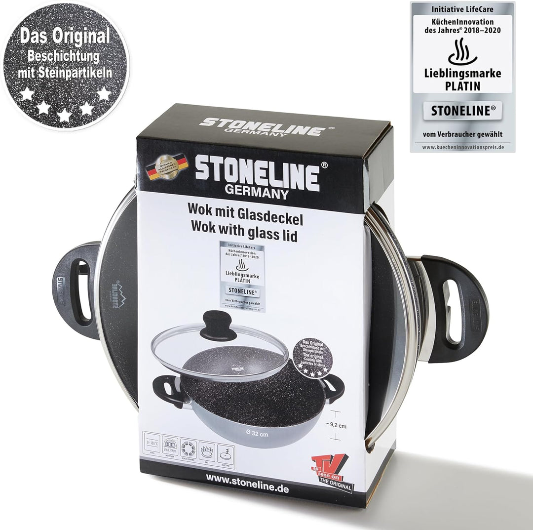 Stoneline Wok 32 cm, mit Deckel, Aluguss, Wok Pfanne beschichtet mit echten Steinpartikeln, grau, oh