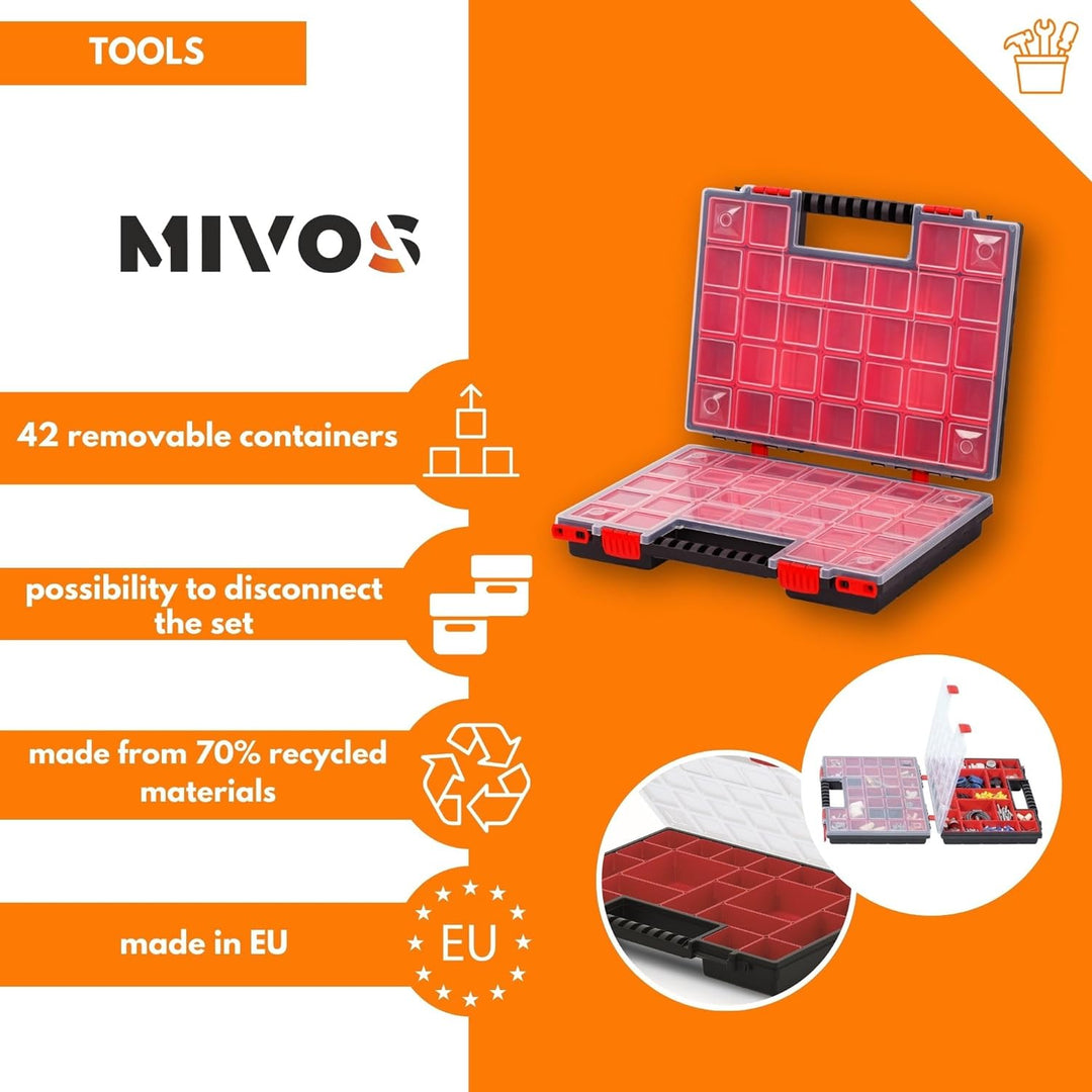 Mivos Doppelseitig Sortimentskasten 399 x 303 x 100 mm - 2 Seitig Sortierkasten Kleinteile mit 42 Ei