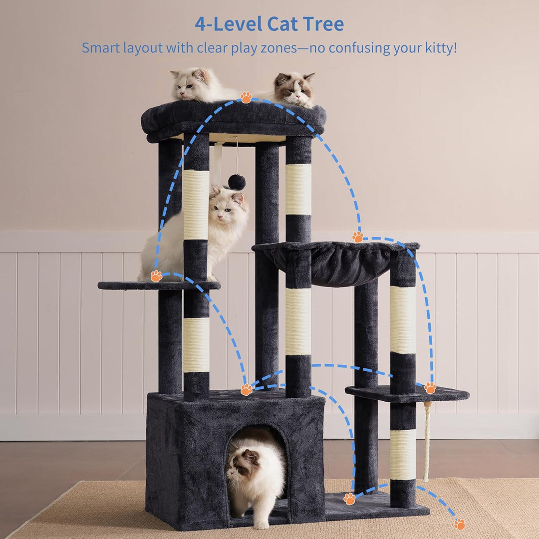 Heybly Kratzbaum 120cm - Grosser Katzenbaum für Erwachsene Katzen mit XL-Basis, Katzenwohnung mit Me