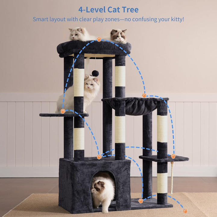 Heybly Kratzbaum 120cm - Grosser Katzenbaum für Erwachsene Katzen mit XL-Basis, Katzenwohnung mit Me